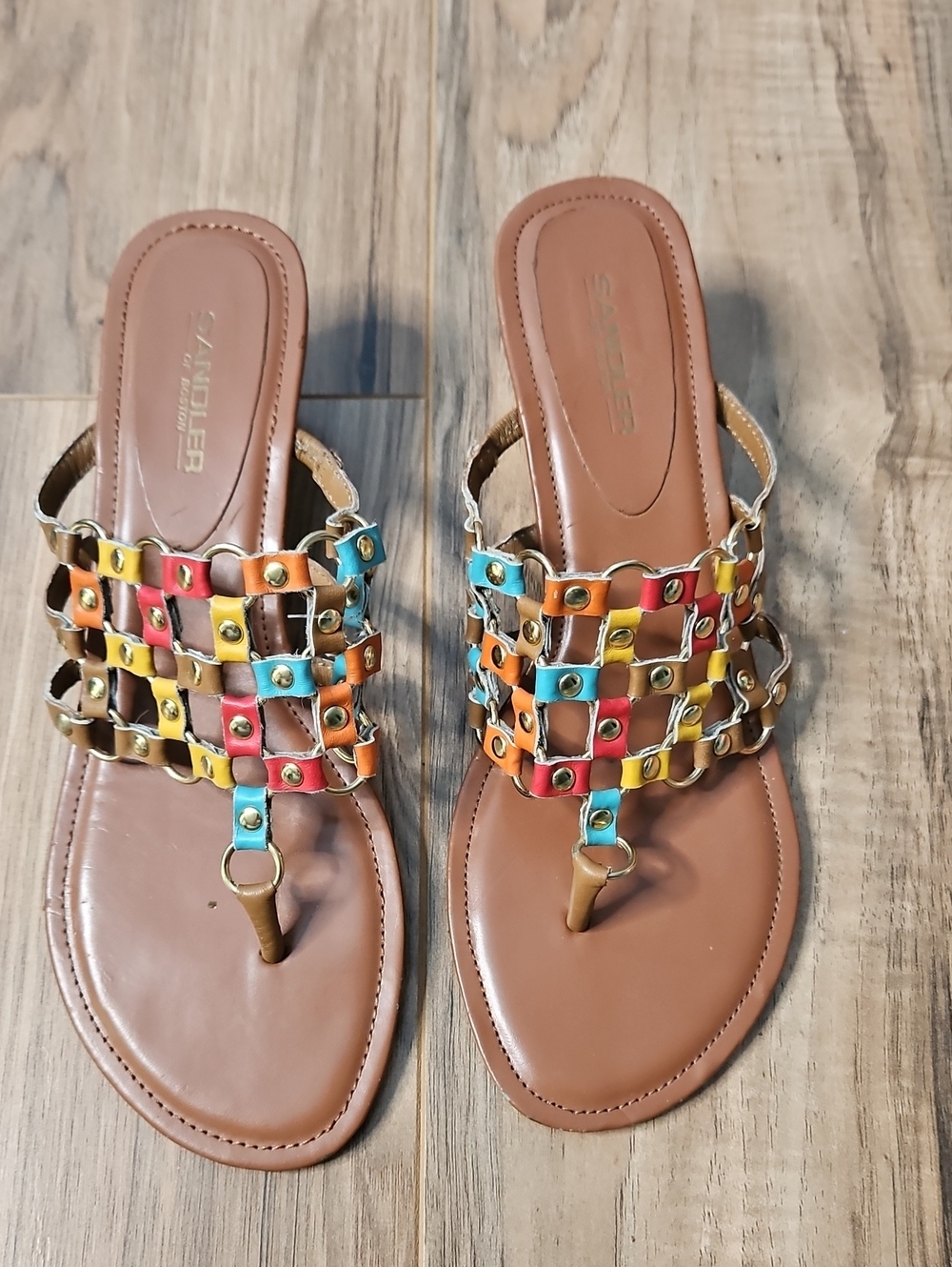 Sandler Brown Leather Multicolor Woven T-Strap Sandals 7 1/2